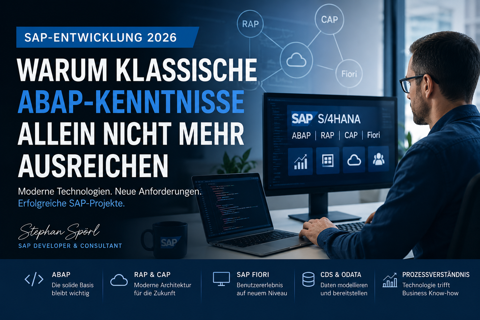 SAP Entwickler arbeitet an einer modernen S/4HANA-Anwendung mit ABAP, RAP, CAP und SAP Fiori Technologien.